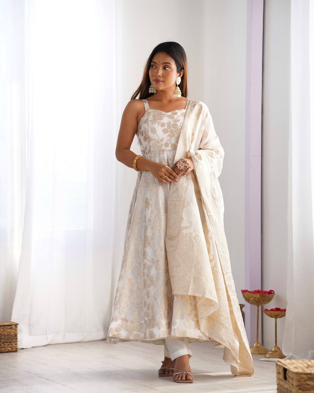 Stunning White Banarasi Jacquard with Fancy Work Anarkali Suit