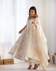 Stunning White Banarasi Jacquard with Fancy Work Anarkali Suit