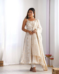 Stunning White Banarasi Jacquard with Fancy Work Anarkali Suit