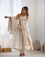 Stunning White Banarasi Jacquard with Fancy Work Anarkali Suit