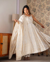 Stunning White Banarasi Jacquard with Fancy Work Anarkali Suit
