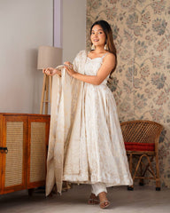 Stunning White Banarasi Jacquard with Fancy Work Anarkali Suit