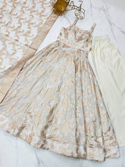 Stunning White Banarasi Jacquard with Fancy Work Anarkali Suit