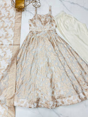 Stunning White Banarasi Jacquard with Fancy Work Anarkali Suit