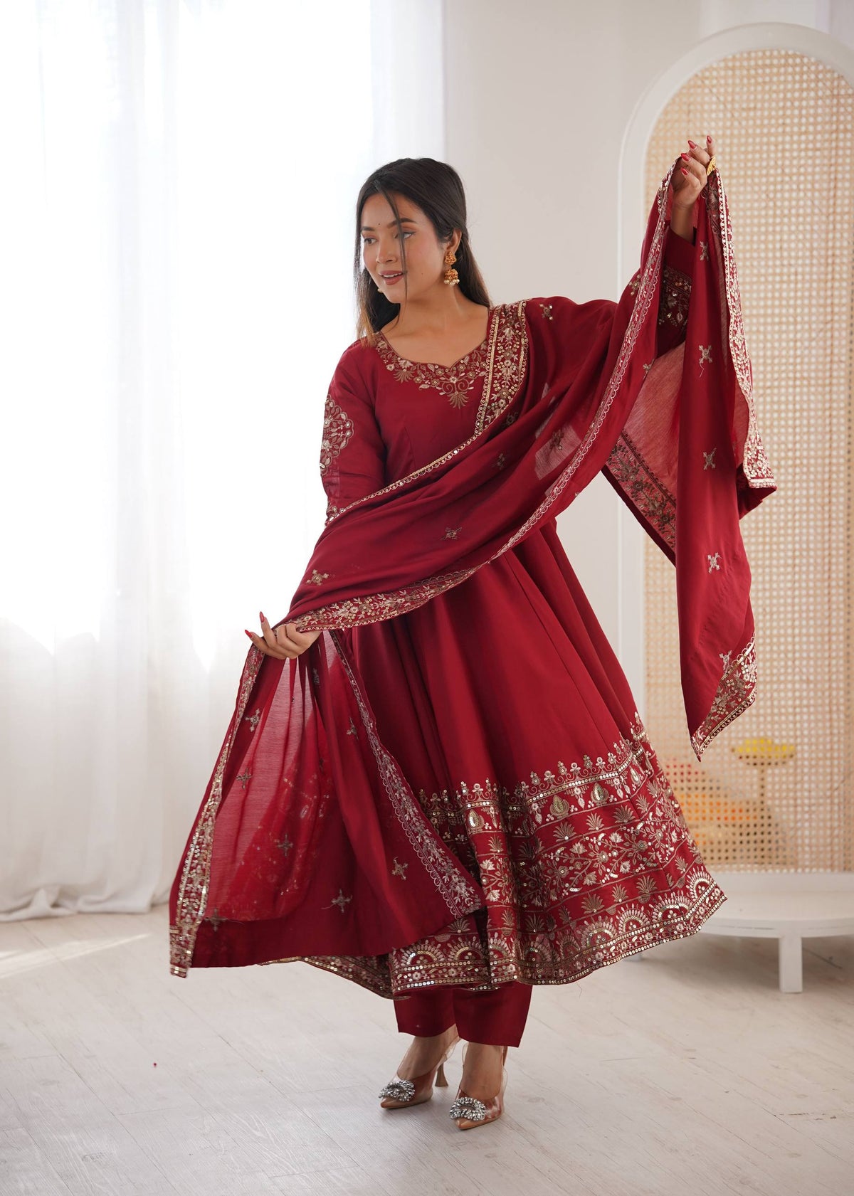 Pretty Maroon Roman Silk Embroidery Sequence Work Gown