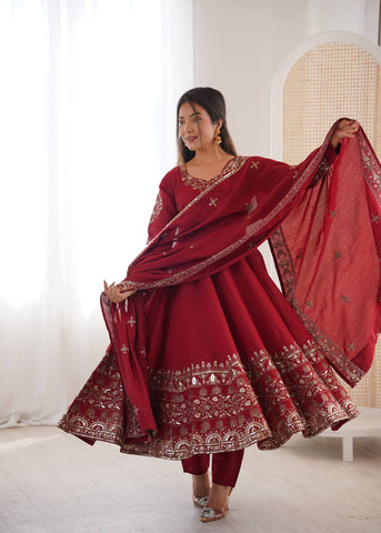 Pretty Maroon Roman Silk Embroidery Sequence Work Gown