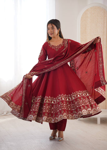 Pretty Maroon Roman Silk Embroidery Sequence Work Gown