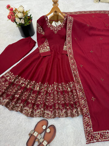 Pretty Maroon Roman Silk Embroidery Sequence Work Gown