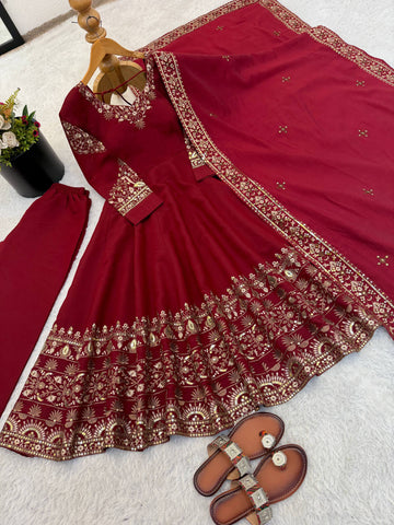 Pretty Maroon Roman Silk Embroidery Sequence Work Gown