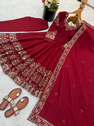 Pretty Maroon Roman Silk Embroidery Sequence Work Gown