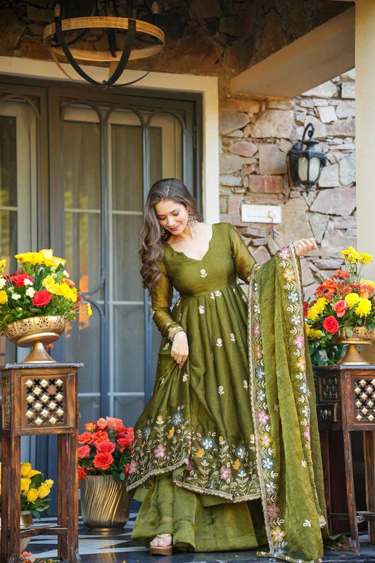 Beautiful Olive Green Silk Multi Embroidery Work Gown