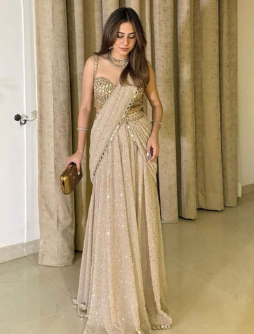 Luxuriant Beige Faux Georgette Sequins Work Lehenga Saree