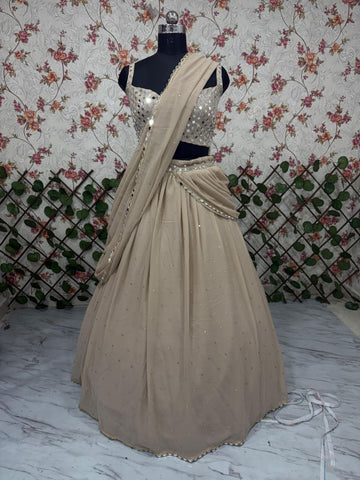 Luxuriant Beige Faux Georgette Sequins Work Lehenga Saree