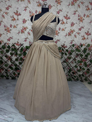 Luxuriant Beige Faux Georgette Sequins Work Lehenga Saree