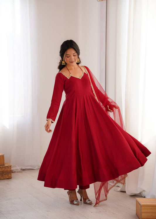 Attractive Roman silk with Lace Work Anarkali