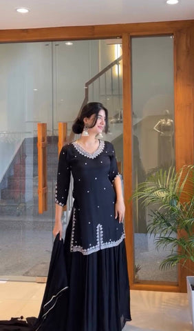 Exclusive Black Georgette with Embroidery Work Sharara Suit