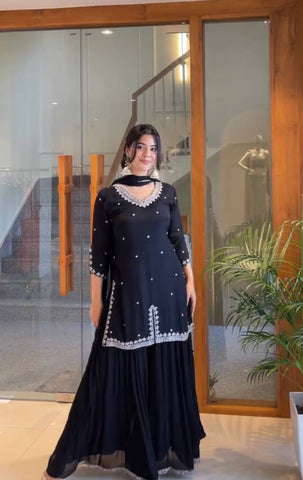 Exclusive Black Georgette with Embroidery Work Sharara Suit