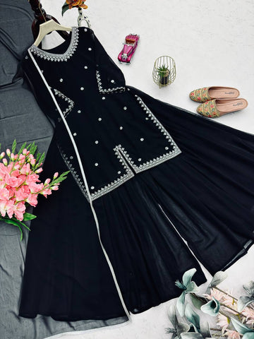 Exclusive Black Georgette with Embroidery Work Sharara Suit