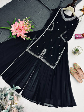Exclusive Black Georgette with Embroidery Work Sharara Suit