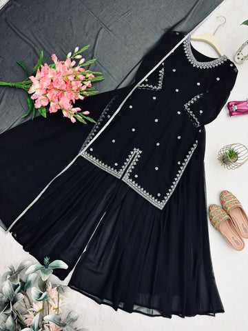 Exclusive Black Georgette with Embroidery Work Sharara Suit