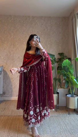 Exclusive Wine Fendy Silk with Thread Work Anarkali Suit