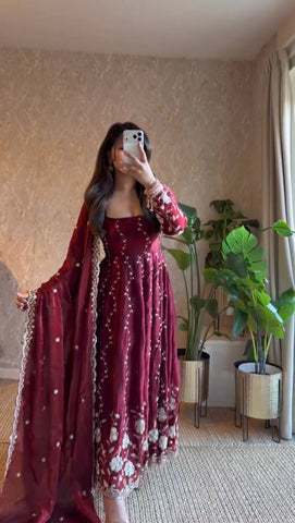 Exclusive Wine Fendy Silk with Thread Work Anarkali Suit