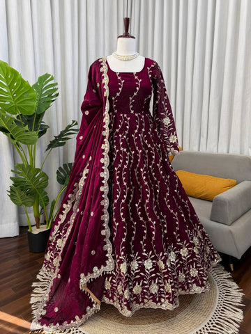 Exclusive Wine Fendy Silk with Thread Work Anarkali Suit