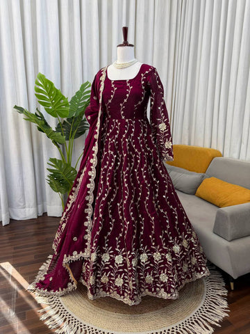 Exclusive Wine Fendy Silk with Thread Work Anarkali Suit
