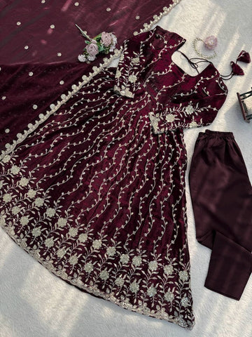 Exclusive Wine Fendy Silk with Thread Work Anarkali Suit