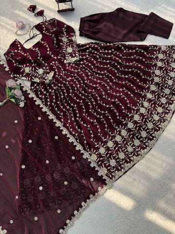 Exclusive Wine Fendy Silk with Thread Work Anarkali Suit