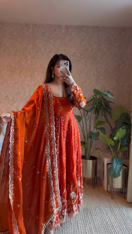 Exclusive Wine Fendy Silk with Thread Work Anarkali Suit