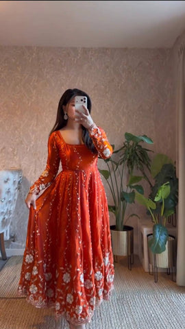 Exclusive Wine Fendy Silk with Thread Work Anarkali Suit