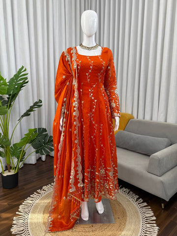 Exclusive Wine Fendy Silk with Thread Work Anarkali Suit