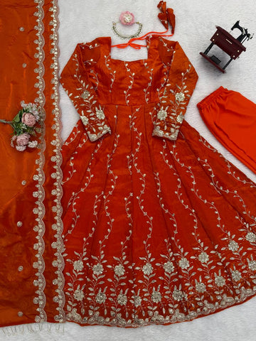 Exclusive Wine Fendy Silk with Thread Work Anarkali Suit