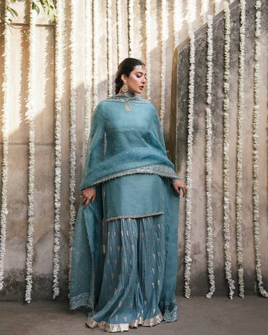 Blue Fuax Georgette Heavy Embroidery Sharara Suit