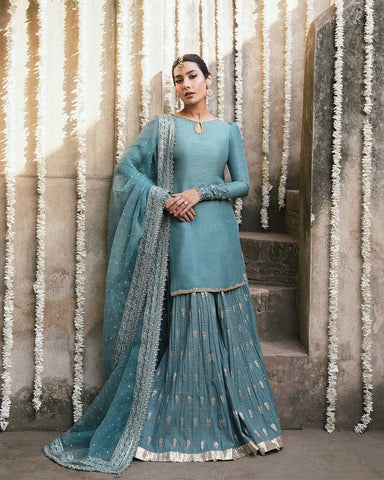 Blue Fuax Georgette Heavy Embroidery Sharara Suit