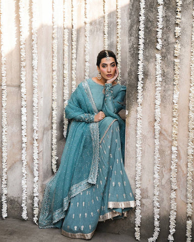 Blue Fuax Georgette Heavy Embroidery Sharara Suit