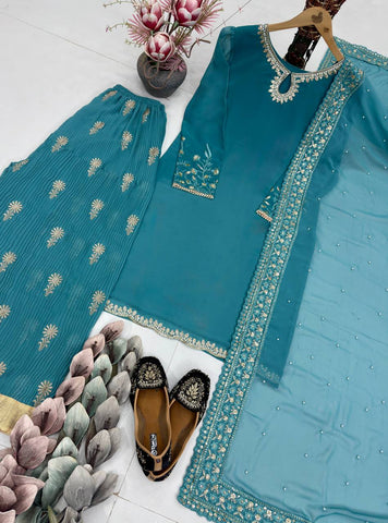 Blue Fuax Georgette Heavy Embroidery Sharara Suit
