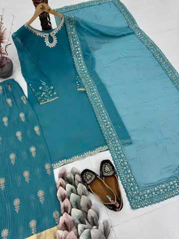 Blue Fuax Georgette Heavy Embroidery Sharara Suit