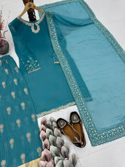 Blue Fuax Georgette Heavy Embroidery Sharara Suit