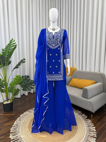 Elegant Blue Faux Georgette Thread Work Sharara Suit
