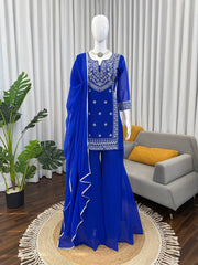 Elegant Blue Faux Georgette Thread Work Sharara Suit