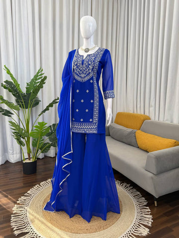 Elegant Blue Faux Georgette Thread Work Sharara Suit