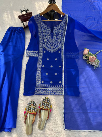 Elegant Blue Faux Georgette Thread Work Sharara Suit