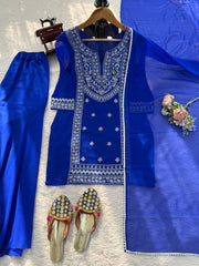 Elegant Blue Faux Georgette Thread Work Sharara Suit