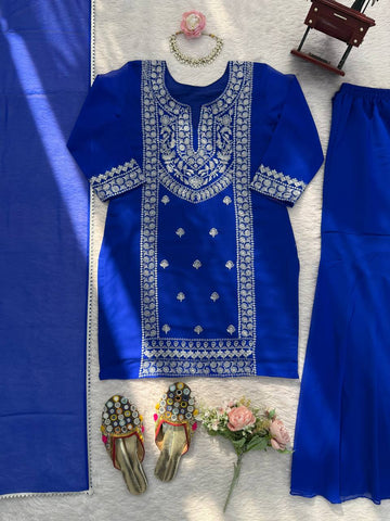 Elegant Blue Faux Georgette Thread Work Sharara Suit