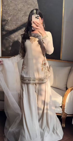 Charming Cream Korean Satin Silk Sharara Suit