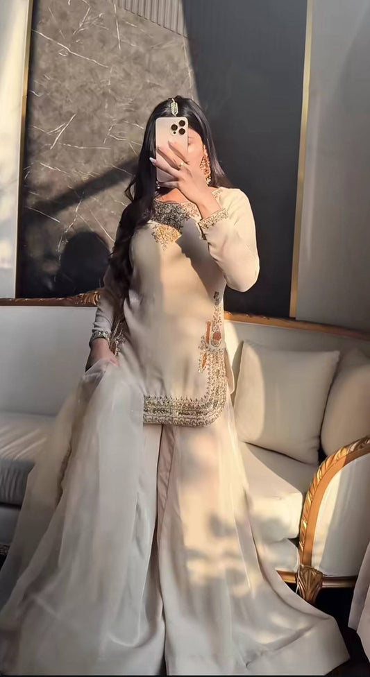 Charming Cream Korean Satin Silk Sharara Suit