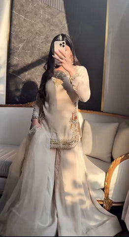 Charming Cream Korean Satin Silk Sharara Suit