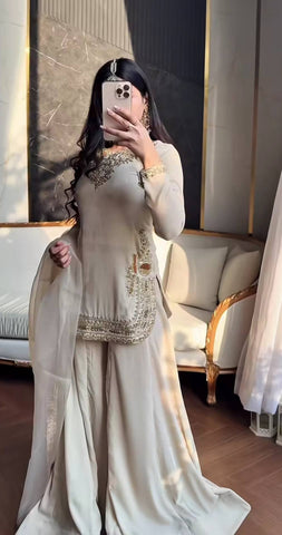 Charming Cream Korean Satin Silk Sharara Suit